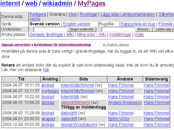 Ändra sidansvarig. Sidansvarig är den som ansvarar för sidinnehållet.