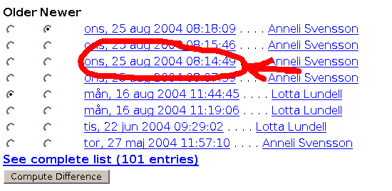 Hämta tillbaks gamla versioner Om du vill, kan du jämföra två versioner - välj older och newer; tryck