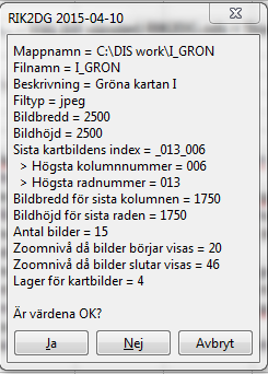 RIK-filer till Disgen 8.2 11 Ett antal frågor dyker upp i tur och ordning. När alla frågor besvarats, visas svaren upp. Här kan du då godkänna eller avbryta vidare exekvering.