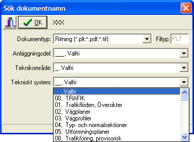 Sök dokumentnamn (med mall) Knappen med tre prickar i fönstret Sökning startar dialog för att söka dokumentnamn med hjälp av mall.