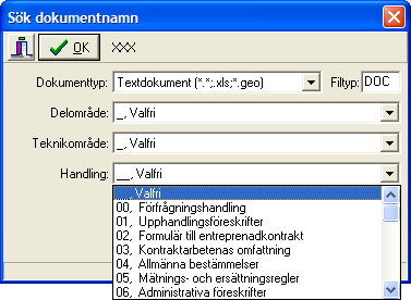 Vid sökning efter dokumenttyp Textdokument (Filtyp: DOC, XLS, GEO, m.fl.) görs val listor för kategorierna Delområde, Teknikområde och Handling.