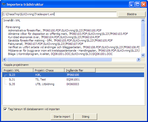 Import Funktionen används för att skapa en mappstruktur, eventuellt med kopplade dokument, från en XML-fil. Ifall även dokument importeras beror på hur XML-filen skapades vi Export, se nästa avsnitt.