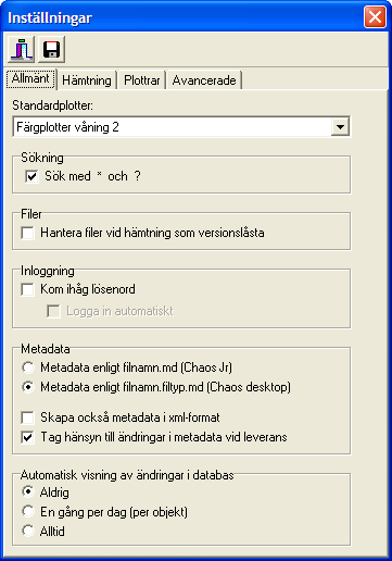 9. Arkiv Inställningar Allmänt Används för att ställa generella inställningar. Standardplotter Sökning Stänger dialogen utan att spara ändringar.