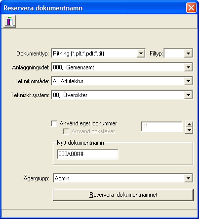 Funktioner Reservera dokumentnamn Används för att reservera dokumentnamn för ritningar, ritningsmodeller och textdokument. Kan även användas för att tolka dokumentnamn.