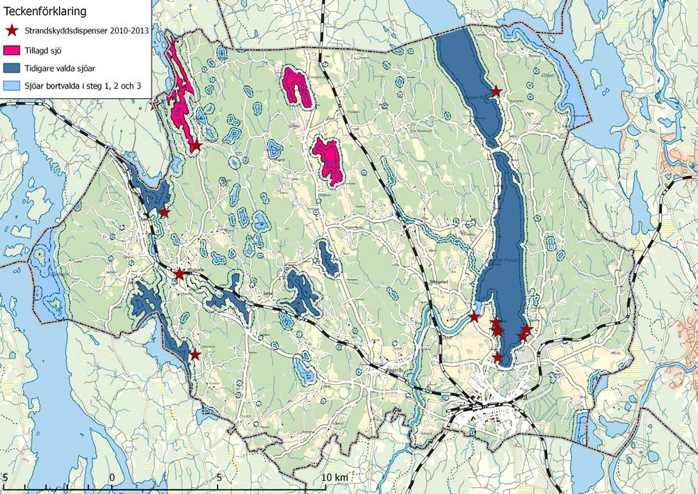 Ovan: GIS-analys av steg e) sjöar med bebyggelsetryck har lagts till. Rinnen, Torpsjön och Pråmsjön. e) Sjöar med bebyggelsetryck läggs till.