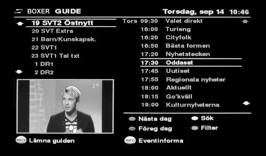 Se på text-tv 1 Aktivera text-tv Med TEXT knappen får du tillgång till text-tv information. 2 Välj sida Välj sida genom att använda nummer knapparna, eller med hjälp av knapparna.