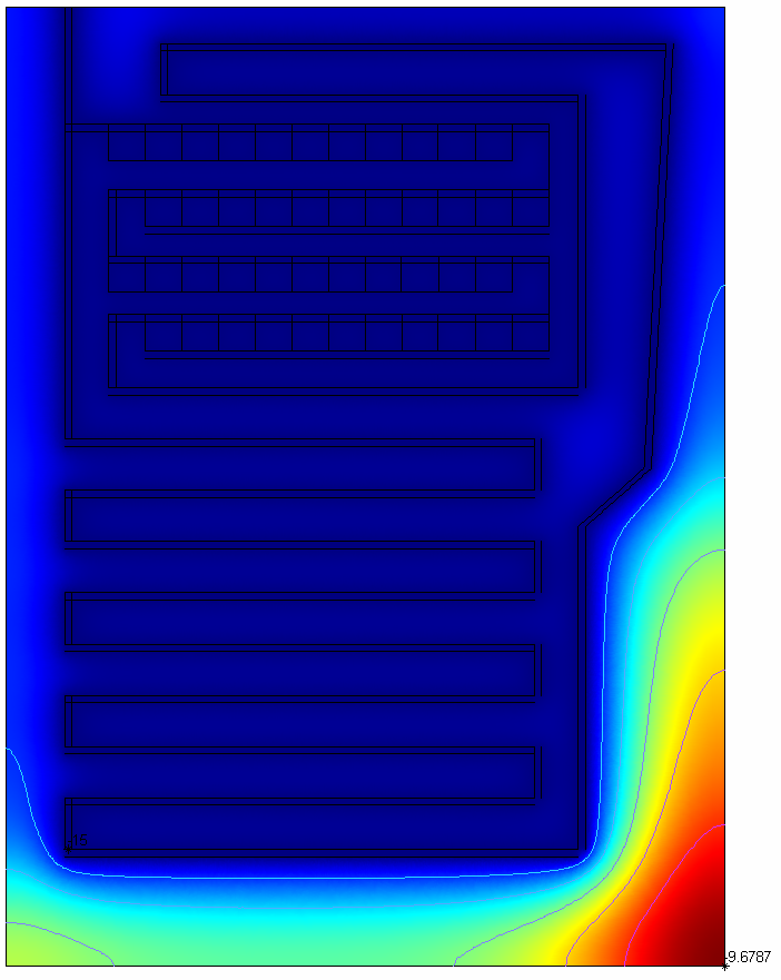 Figur 8 Simulerad temperaturfördelning Figur 8 visar det simulerade temperaturfältet i förångaren. Det framgår att en effektivisering är möjlig genom att placera kanalmönstret närmare plattans kanter.