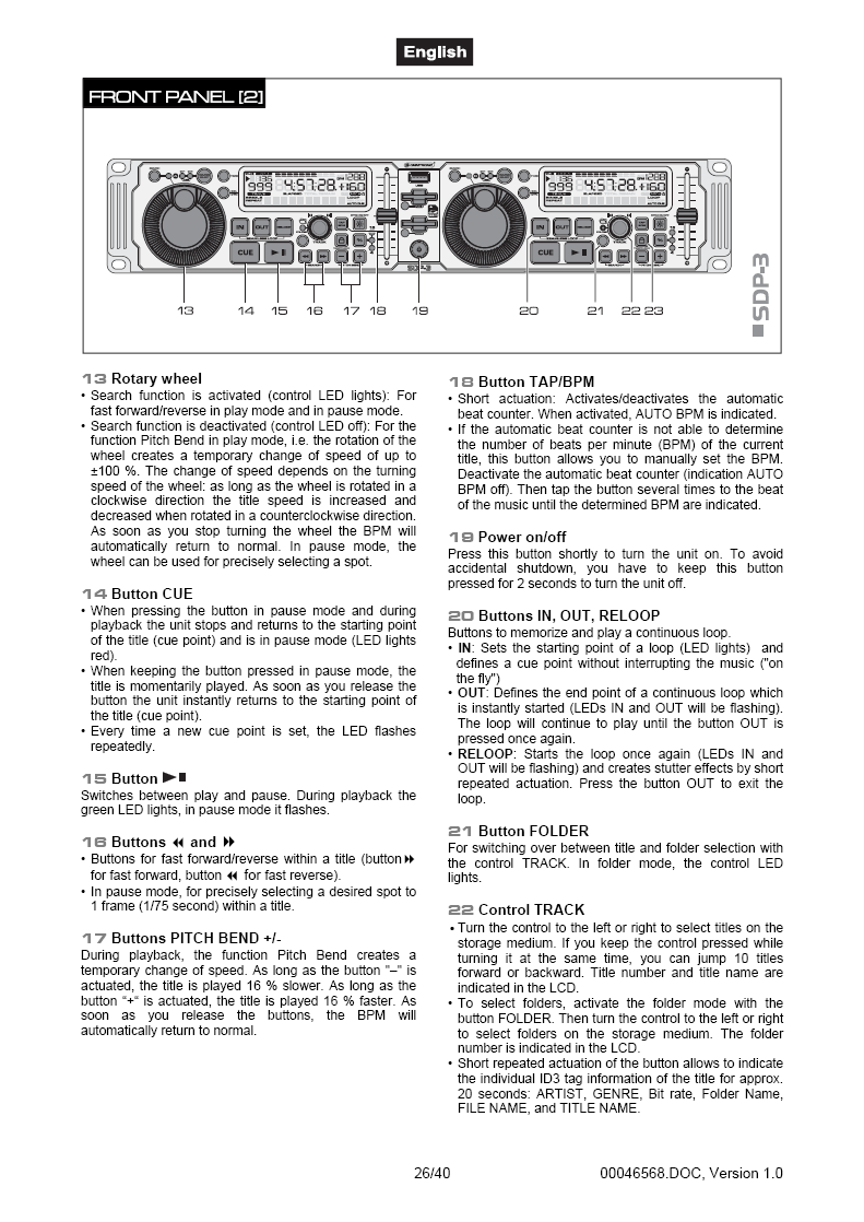 MANÖVERPANEL [2] 13 ROTARY WHEEL. Sökhjul. Sökfunktionen är aktiverad när LED lampan lyser. För snabb sökning framåt/bakåt i PLAY eller PAUSE läge.