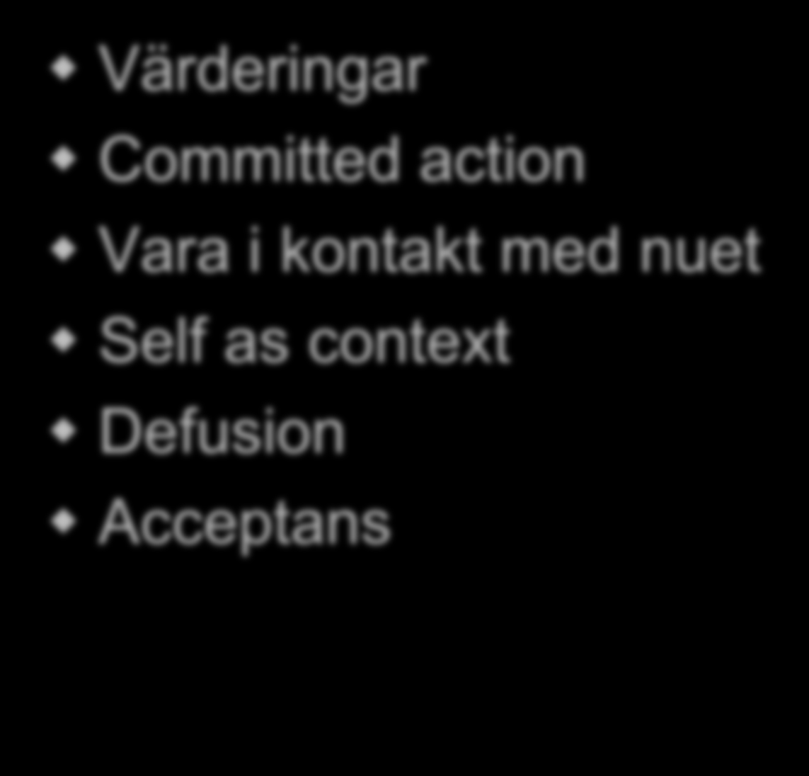 ACT Värderingar Committed action Vara i kontakt med nuet Self as