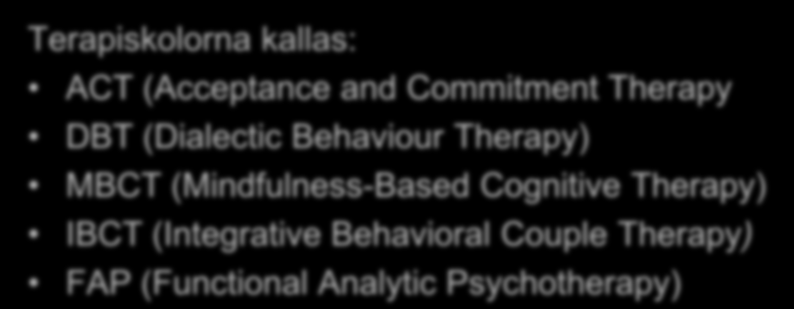 Tredje vågen Terapiskolorna kallas: ACT (Acceptance and Commitment Therapy DBT (Dialectic Behaviour Therapy) MBCT