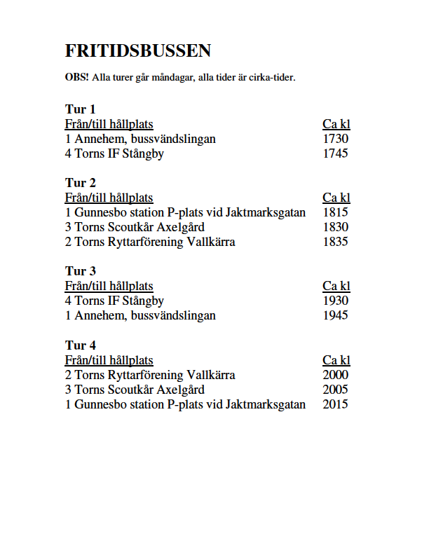 detta själv och som var van vid att köra servicelinjerna normalt sätt. Chauffören gick att nå med en mobiltelefon under gång och detta nummer distribuerades ut till föräldrarna i samband med anmälan.