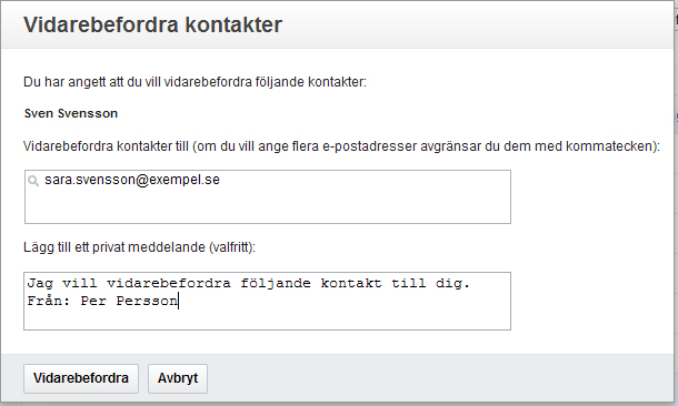 Vidarebefordra kontaktinformation Du kan dela en kontakt med en arbetskamrat genom att idarebefordra kontaktinformationen till honom/henne. Så här delar du en kontakt med en arbetskamrat: 1.