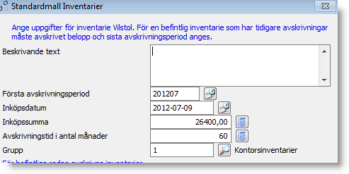 Svarar man Ja på frågan visas den ordinarie mallen för registrering av ny inventarie. Entré föreslår inköpssumman exklusive moms som anskaffningsvärde.