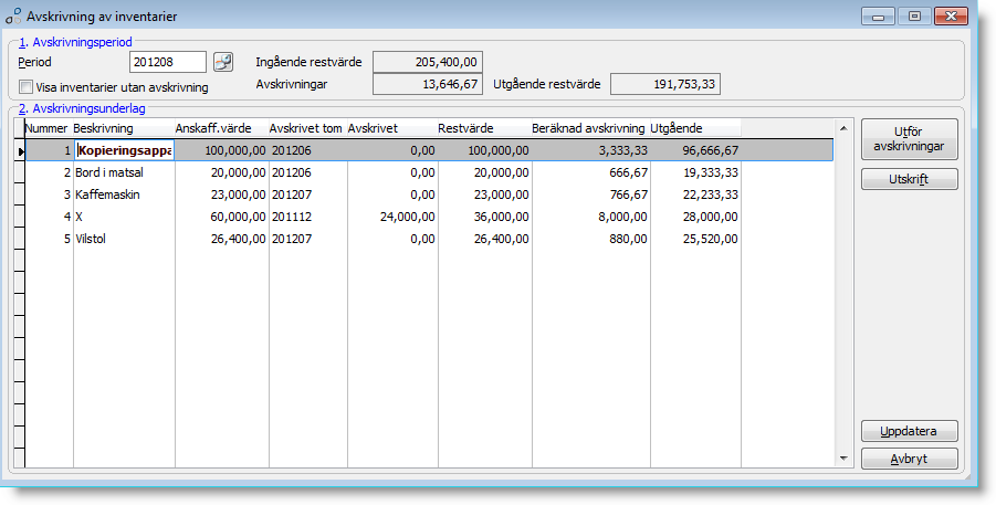 Avskrivning av inventarier Denna bild visar de inventarier som avskrivningar finns att utföra på. Det är således ett förslag som kan granskas (även skrivas ut) innan avskrivningen verkligen genomförs.