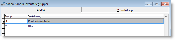 Inventariegrupper Inventariegrupper innehåller inställningar för avskrivning och konteringar för de inventarier som är kopplade till gruppen.