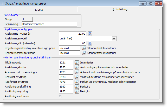 Inställningar på inventariegrupp Avskrivning i % per år Ange procentuell avskrivning per bokföringsår. Avskrivningsmodell 2 modeller finns: Linjär (rak) Den vanligaste modellen.