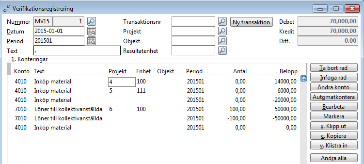 2/ Läs från Excel Klicka på Läs från Excel så visas konteringarna i nedre delen av bilden.