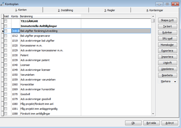 Kontoplanen Kontoplanen har fyra flikar: Konton, Inställning, Regler och Konteringar.