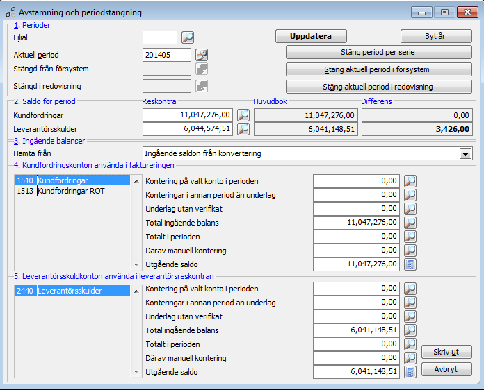 Avstämning och Periodstängning Avstämning Syftet med denna rutin är att stämma av saldona i kund- och leverantörsreskontran mot saldona i huvudboken för kontona för kundfordringar respektive