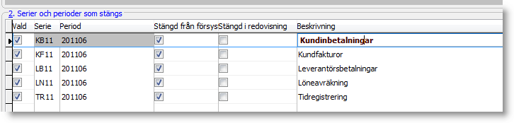 Bearbeta Med denna funktion kan man ändra flera poster samtidigt, de vanligaste scenariona är att man vill flytta fram ett antal perioder för stängning alternativt ändra stängning för ett antal