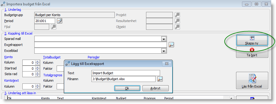 Importera Budget (från Excel) I denna rutin kan budget och/eller prognos läsas in i Entré från ett Excel-blad. Budgeten/prognosen kan vara en total för hela året eller fördelad per period.