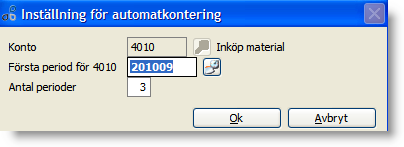 Ska första period väljas Om detta markeras och automatkonteringen är sådan att den används i manuell kontering får man vid konteringstillfället en möjlighet att välja första period