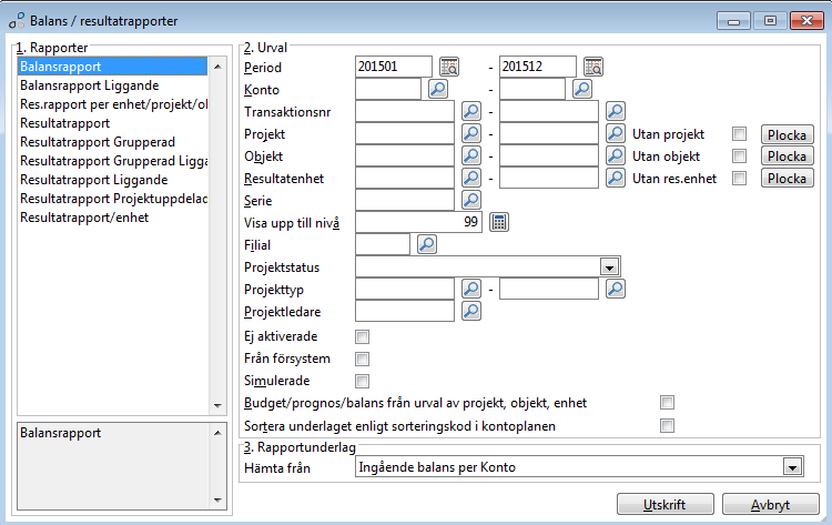 Balans och Resultatrapporter Period Föreslås till första och sista period på aktivt bokföringsår Visa upp till nivå Används för att visa/dölja rubriker och summeringar i aktuell utskrift.