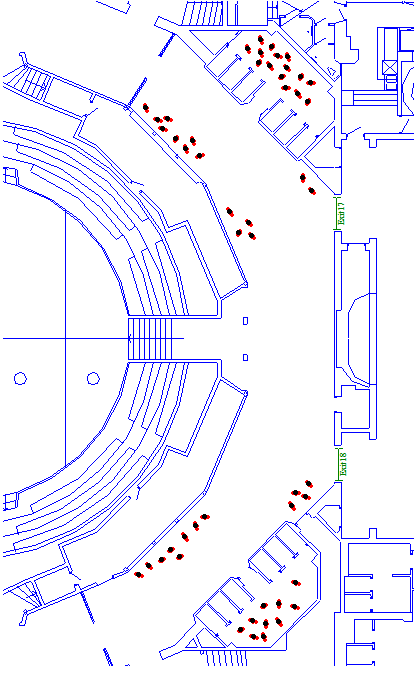 8.3.3 Förflyttning Nedan följer en presentation av den tid det tar för gästerna att förflytta sig från utrymmet och sätta sig i säkerhet beräknade med datorprogrammet Simulex. 8.3.3.1 Ryttargång och anslutande toaletter De personer som befinner sig i ryttargången alternativt på toaletterna tvingas under utrymning passera brandrummet.