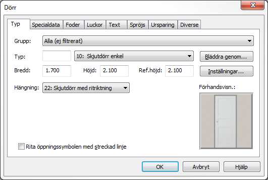 13.08.2012 Kapitel 3... 15 DDS-CAD Arkitekt 7 Välj Sätt in dörr Standard invändig dörr typ 0 Fönster och dörr Skriv in önskad dimension. 90 cm bred. Sätt in dörren utifrån centrum dörr och med gitter.