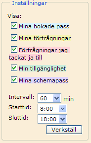 Personlig kalender Här registrerar Du Din tillgänglighet. Du ser också vilka pass som Du blivit tilldelad samt om Du har förfrågningar på nya pass.