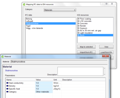 Figur 32, IFC mapping i IDA ICE där material tilldelas en egenskap 5.3.4 Information om rum För att underlätta för energispecialisten när zonindelning görs är det fördelaktigt om A- modellen innehåller information om respektive rum.