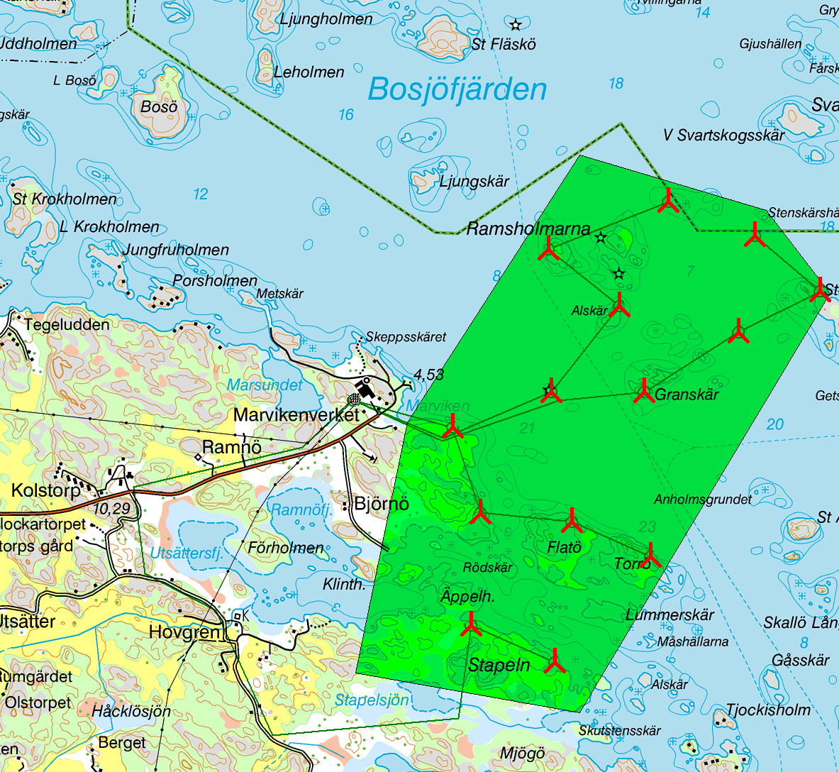 Figur 9. Vindparkens interna elnät. Vindkraftverken är ihopkopplade i grupper med fyra verk, som sedan har varsin kabel till land.