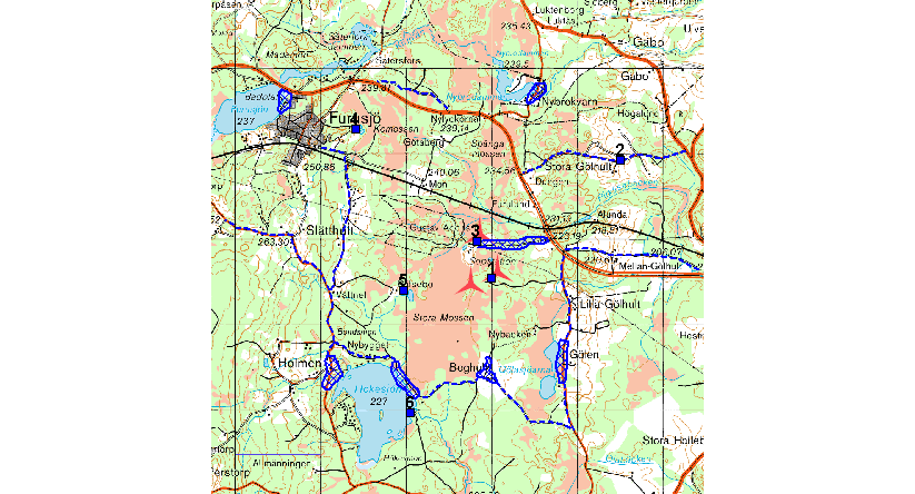 RAPPORT PC:120907-1 Figur 1. Karta över det inventerade området där planerade vindkraftverk är markerade med röda propellrar.