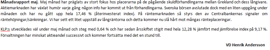 Kommentar och utveckling för KLP-Totalt 31 Maj 2015 Utveckling andelsvärde för perioden 2003-02 - 2015-05 Portföljen Index Aktieinnehav 270% 65% 240% 210% 55% 180% 150% 120% 45% 90% 60%