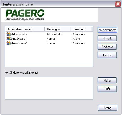 ANVÄNDARE I Pagero BgCom krävs att inloggning med ett användarnamn. Lösenordet är valfritt beroende på inställningar som sätts av administratören.