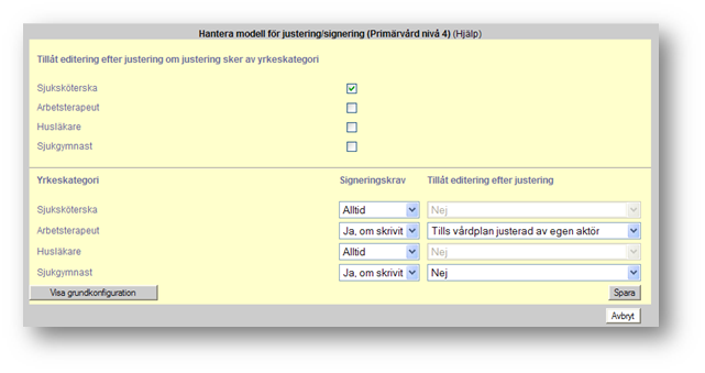 45 I fönstret väljer du: - Vilket signeringskrav som respektive yrkeskategori som inte ska justera ska ha. Vilken yrkeskategorie som ska justera vårdplan styrs av vem som får kallelsen för kvittering.