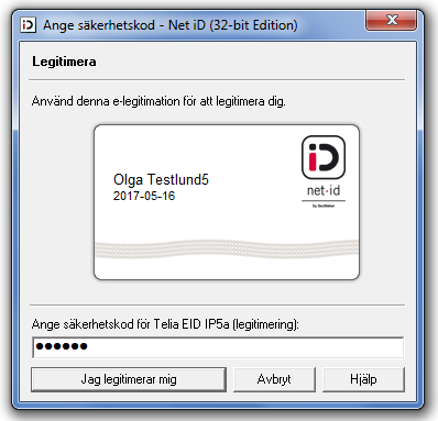 3 Ange din säkerhetskod i fältet Ange säkerhetskod och klicka på Jag legitimerar mig för att e-legitimera dig. Se bild här nedan.