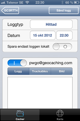 Vyn 'Skapa logg' I Looking4Cache kan du skapa loggar för fler användare samtidigt. Alla loggar skapas med samma loggtyp (hittad, inte hittad, etc) och samma datum.