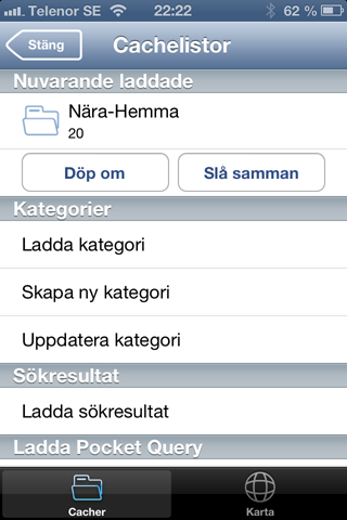 Vyn 'Cachelistor' I denna appen lagras cacher i cachelistor. En cache kan finnas i mer än en lista. Information du lägger till i en cache (som waypoints), blir samma i alla listor den förekommer i.