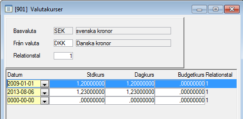 Valutakurser Registrera kurs för aktuella valutor. En kurs måste finnas registrerad, som är giltig på dagen för fakturadatum när fakturan registreras.