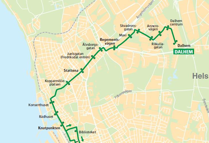 9. Gemensam spårväg Den dragning av spårvägen som föreslås i förstudien för sträckningen Centrum-Dalhem- Väla innebär en stor förändring i jämförelse med dagens stadsbuss 1, framför allt från