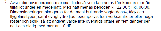 Enligt Boverkets byggregler (BBR 22) gäller för inomhusmiljön: Enligt ovan bedöms det därför vara rimligt att utgå från att den maximala ljudnivån utomhus under nattperioden även här avser den femte