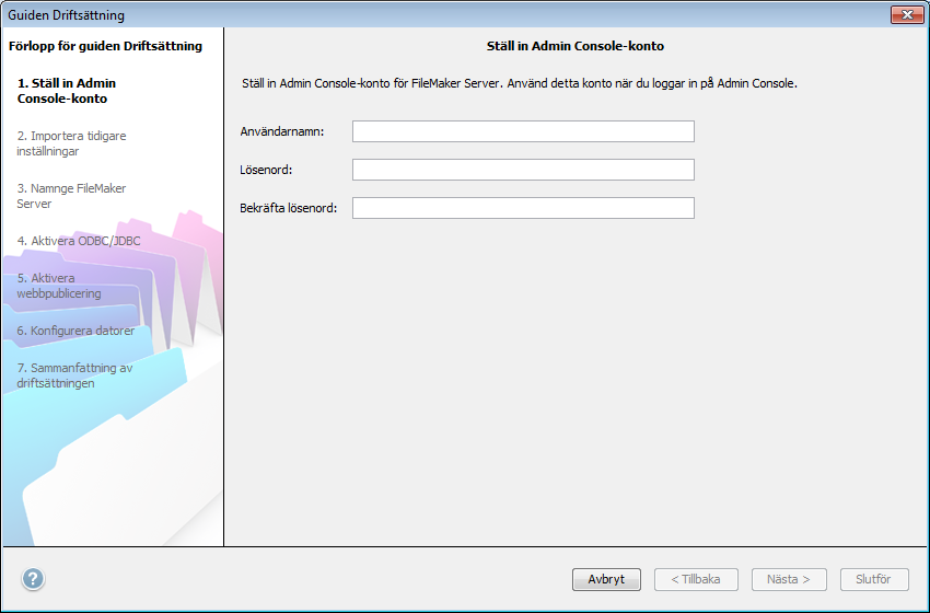 Kapitel 2 Installera FileMaker Server på flera datorer 31 14. Startsidan i FileMaker Server öppnas i webbläsaren. Det kan ta några minuter innan Admin Console startar och guiden Driftsättning visas.