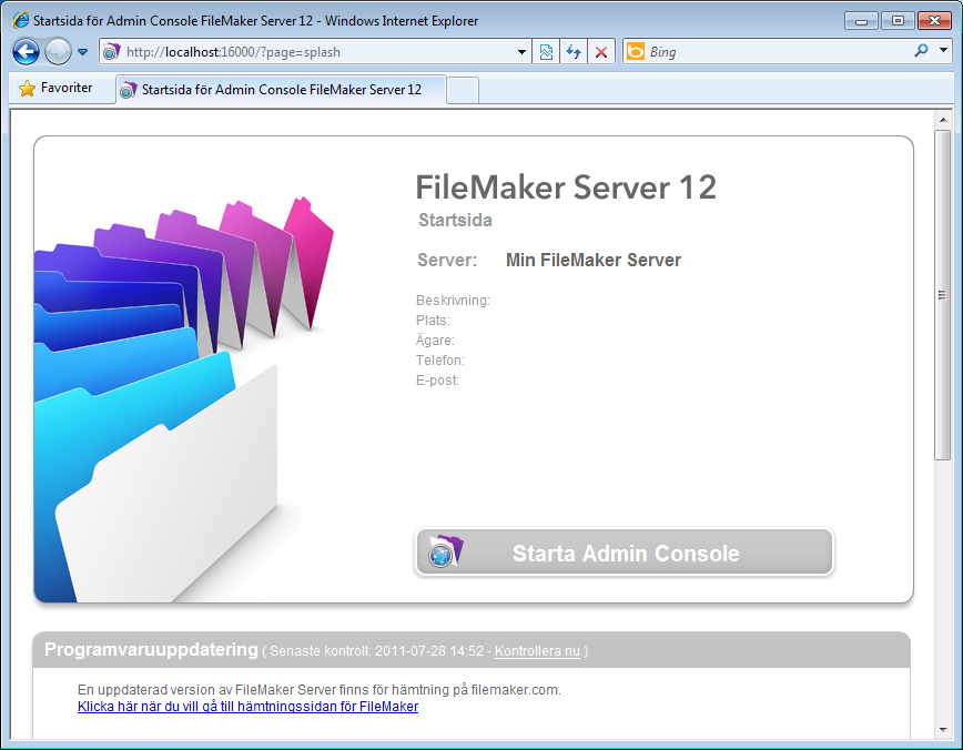 Kapitel 4 Administrationsöversikt 47 Starta Admin Console Du kan starta Admin Console på en Windows- eller Mac OS-dator som via nätverket är ansluten till huvuddatorn där FileMaker Server körs.