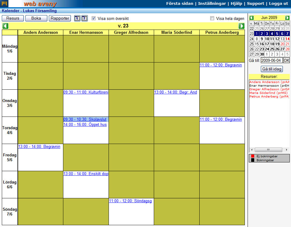 Markerar man visas bokningssituationen per resurs. I exemplet nedan ser vi översikten per vecka, men denna kalendervy kan även erhållas då bokningssituationen visas per dag.