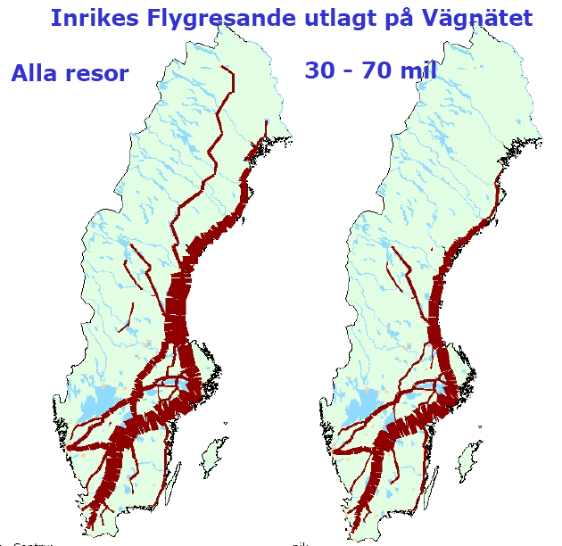 18 Figur 1.5: Alla flygresor (till vänster) och flygresor mellan 30 och 70 mil (till höger) utlagda på vägnätet. Studerar man inrikes och utrikes flöden i nästa figur 1.