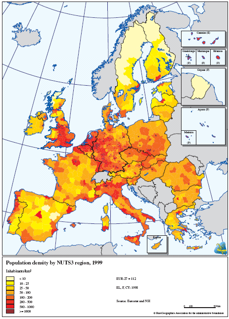 Figur 1.6: Befolkningstäthet i Europa 1999.