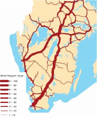 järnväg (röd) och sjöfart inrikes (rosa) och