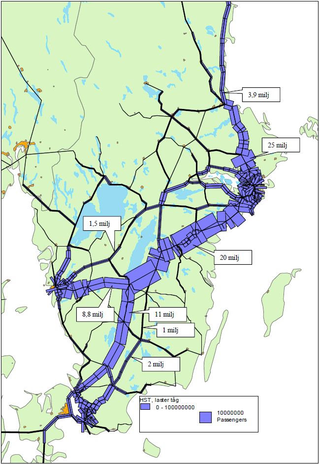 65 Figur 5.6: Resandevolymer på järnväg för höghastighetsalternativet 2020.