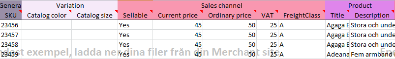 Guide genom Excel När ni öppnar en template så finns det sex flikar, Products, SE, DK, NO, FI och Definitions. Den första är den övergripande fliken.